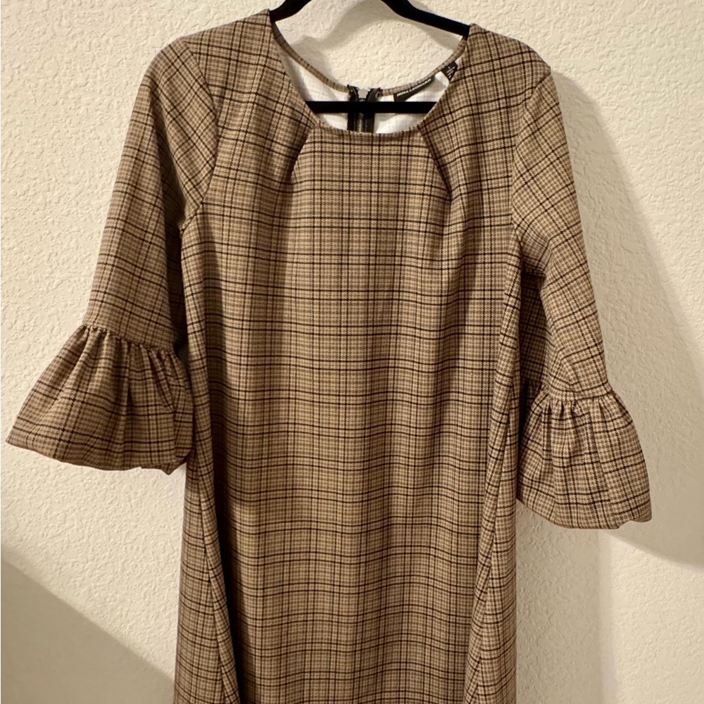 Nina Leonard Checkered Ruffle Sleeve Dress - Brown